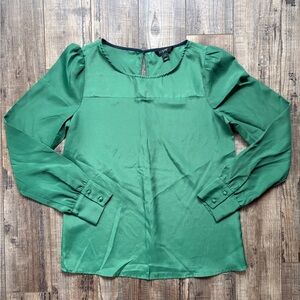 J. Crew Green Long-Sleeve Blouse with Puffed Shoulder and Button Detail